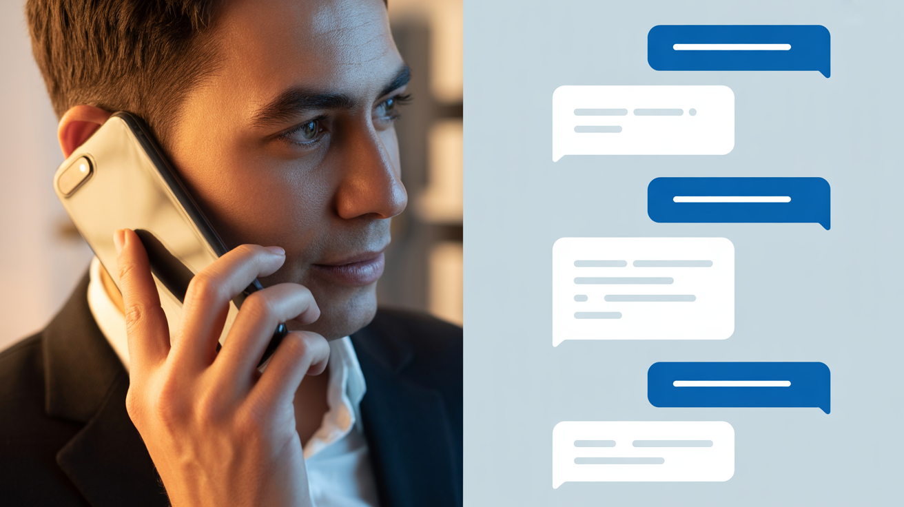 Split screen comparison showing phone call conversation versus text chat interface