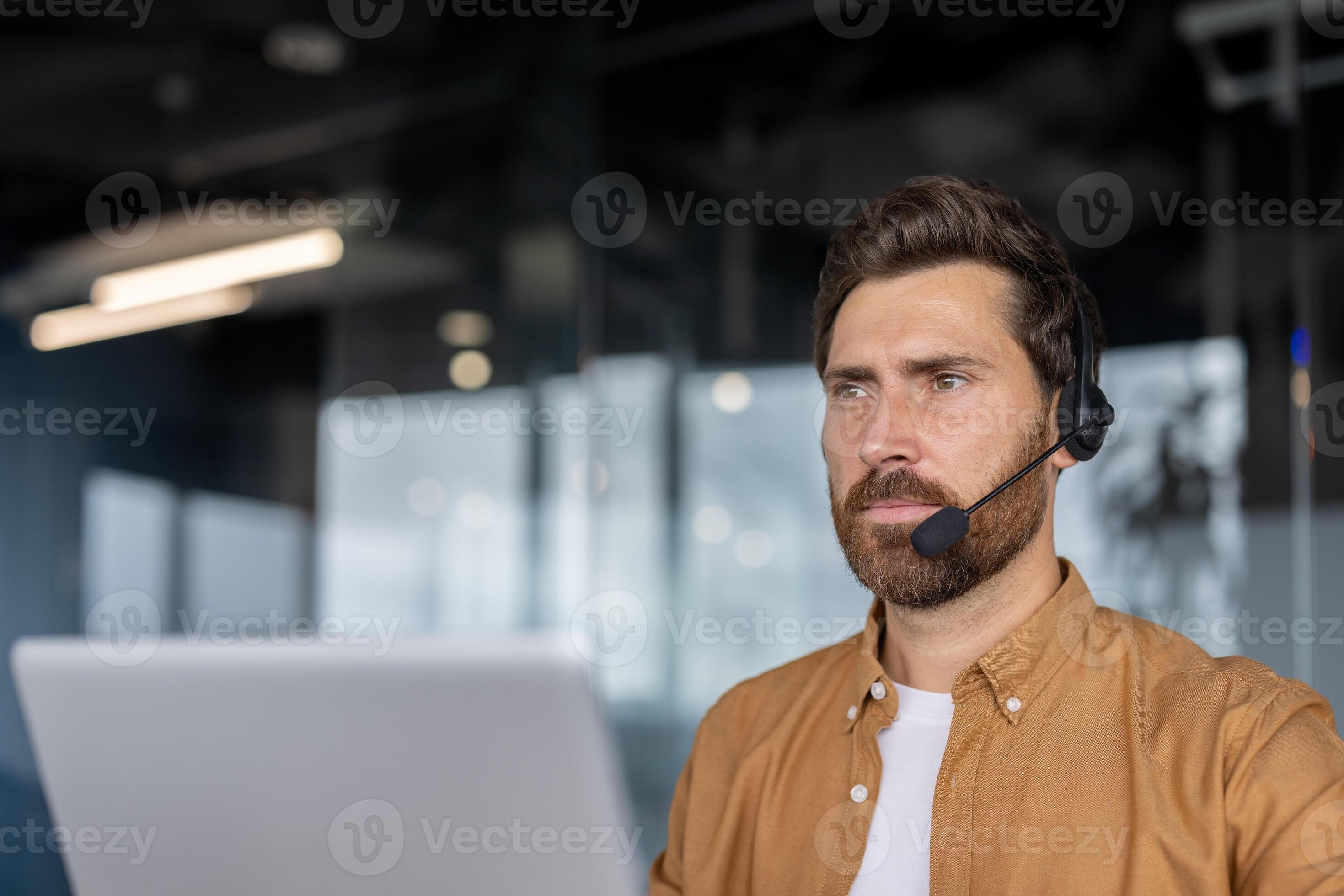 Customer service representative with headset demonstrating AI service demo